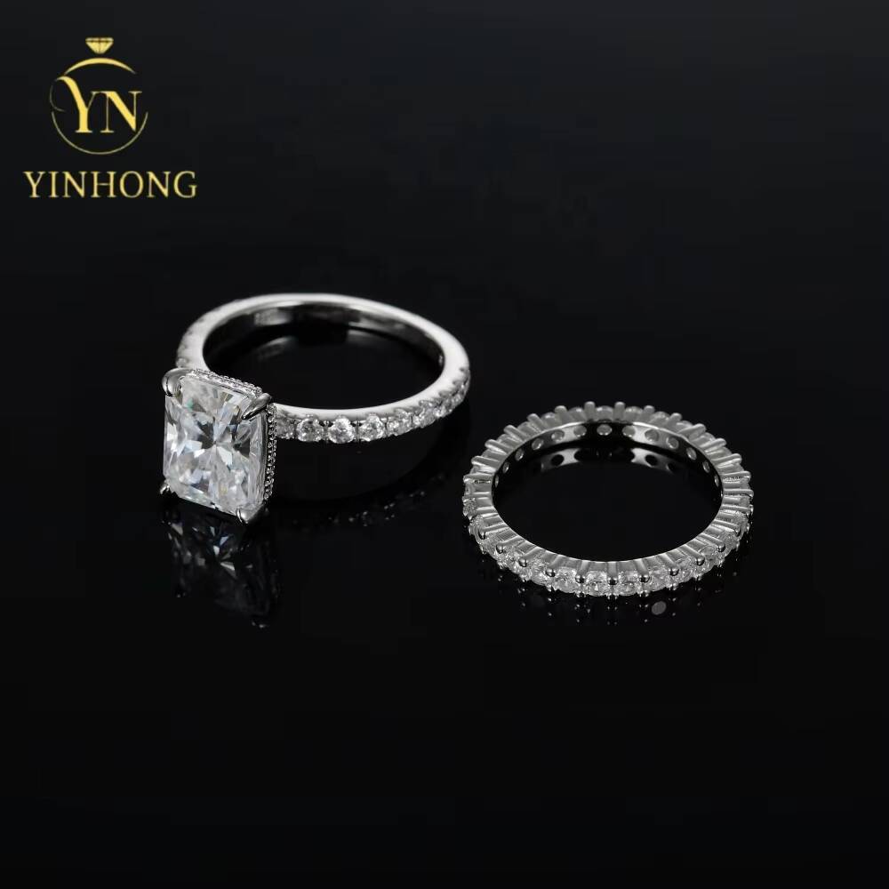 Hot Sale Simulated Diamond Moissanite Ring 925 Sterling Silver White Gold Wedding Ring Set