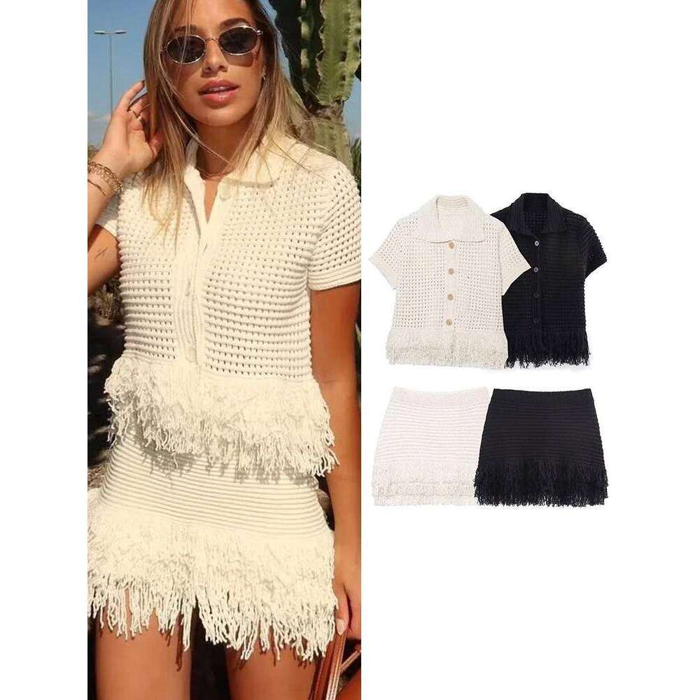 Designer Clothing 2025 TFMLN Elegant Women's Tassel Knitted Mini Set Chic Hollow Out Short Sleeve Button Tops High Waist Skirt Female Slim Outfit