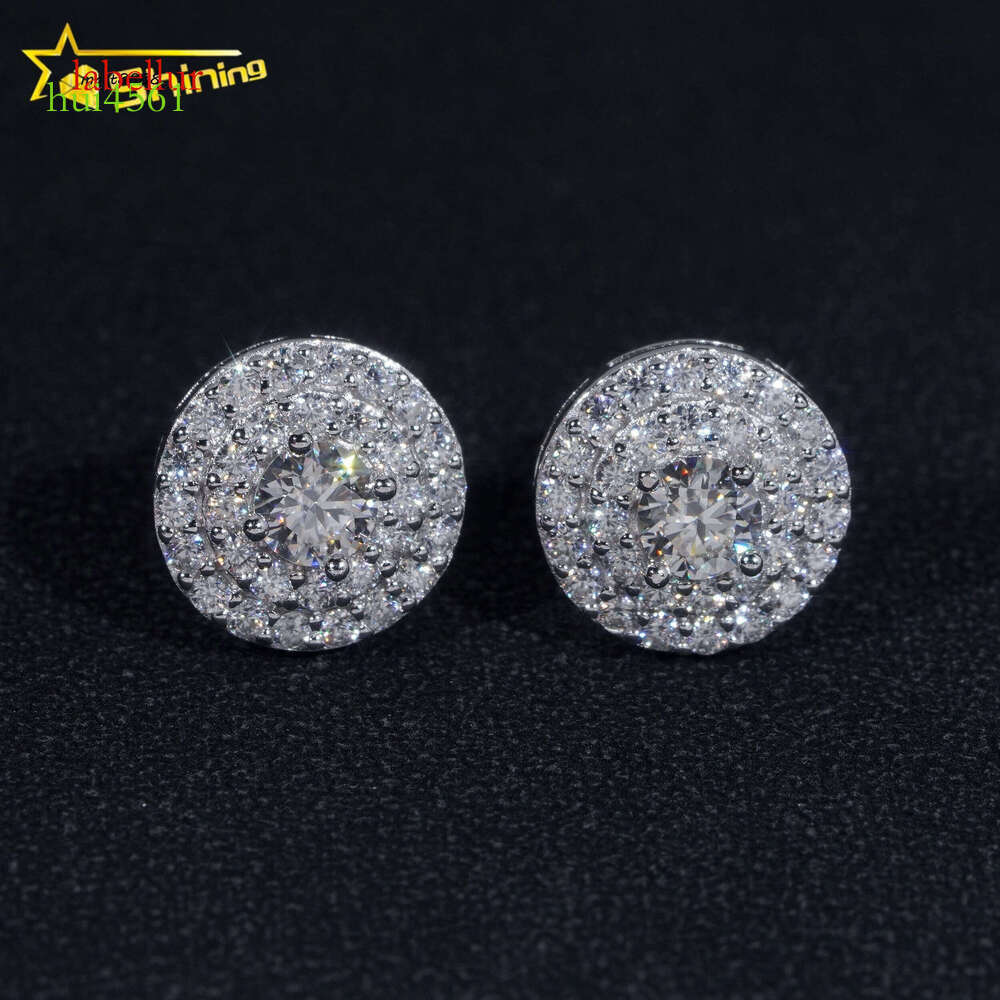 Pass Dia Tester Sterling Sier Round Cluster Iced Out Mens Moissanite Stud Earrings