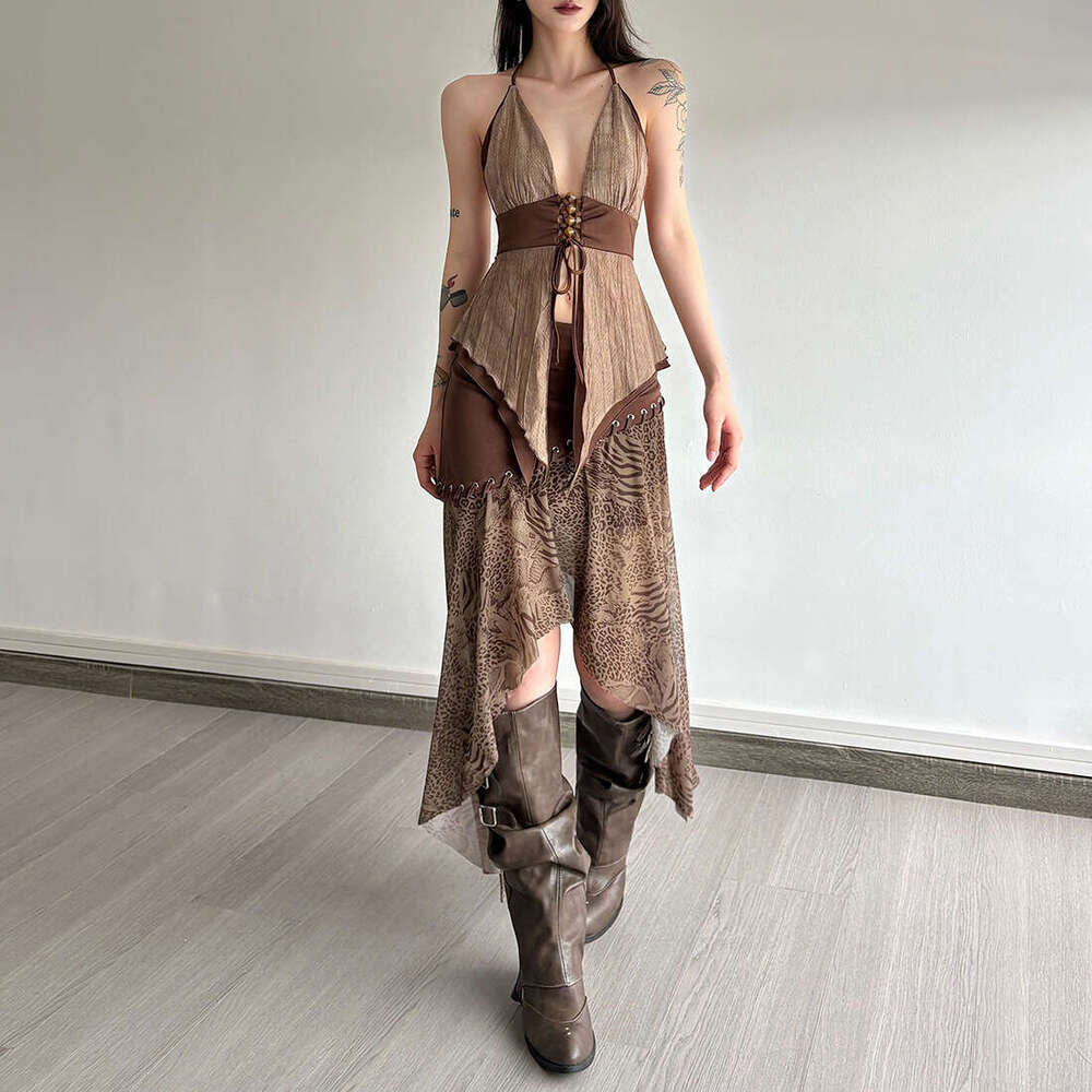 2025 New Summer Hollow Out Halter Neck Backless Slim Top Irregular High Waist Fashion Half Skirt 561