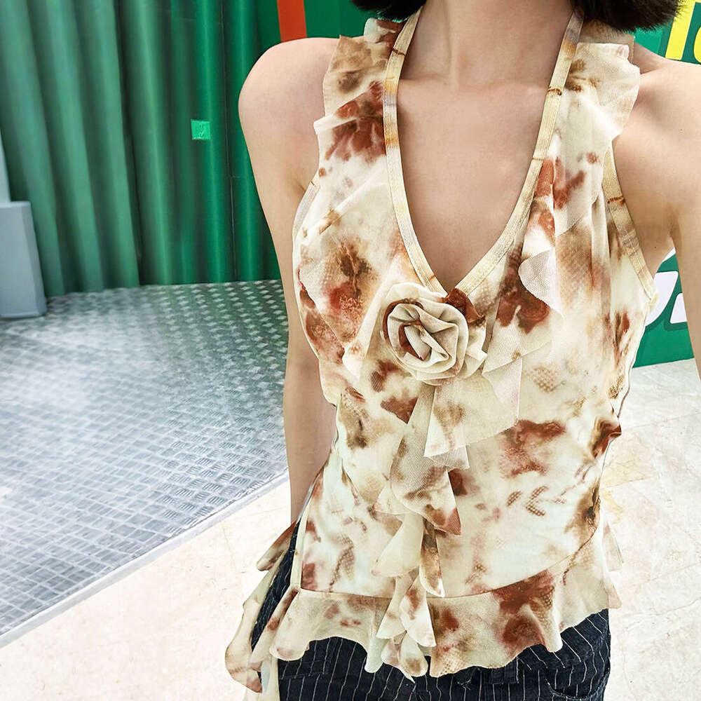 2025 Summer New Deep V Neck Slim Fit Elegant Ribbon Versatile Pure Desire Printed Slimming Top for Women 510