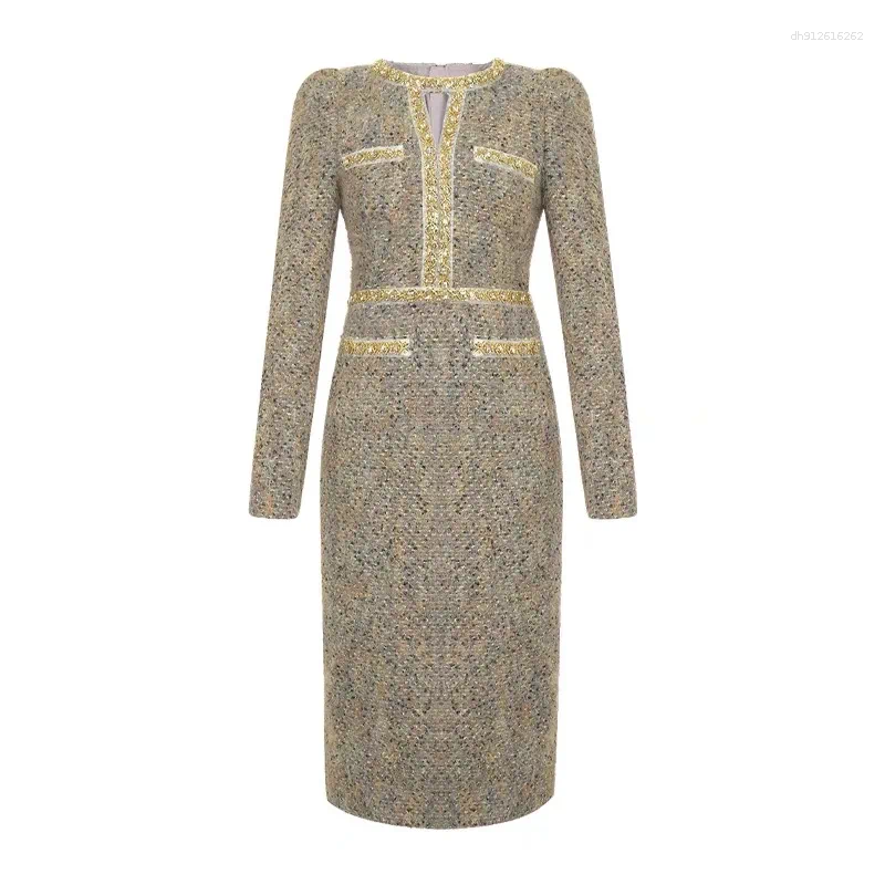 Spot goods Elegant Two Piece Dress Set - Vintage Tweed Hollow O-Neck Slim Midi Pencil for Evening, Party, and Formal Ocns