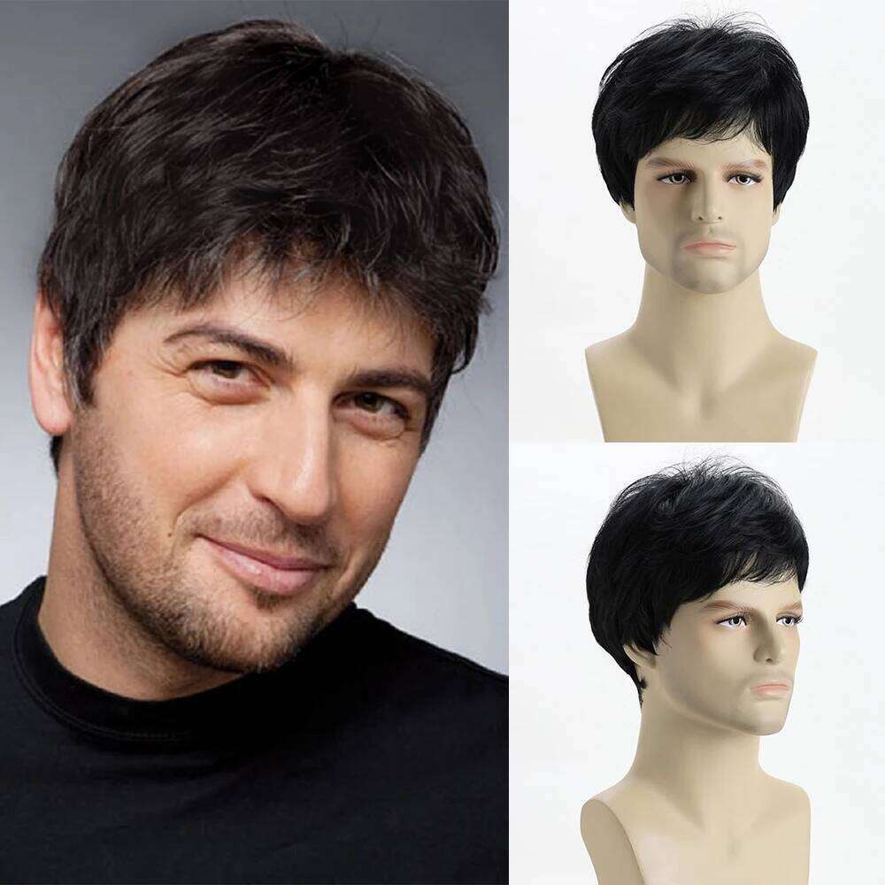 Short Natural Curly Hair For Male Young Men Human Hair Heat Resistant Fiber Synthetic Wigs