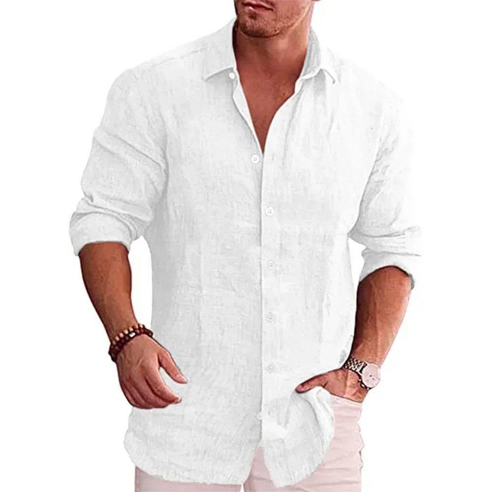 mens cotton linen autumn longsleeved shirt solid colour versatile casual resort style tops 250725