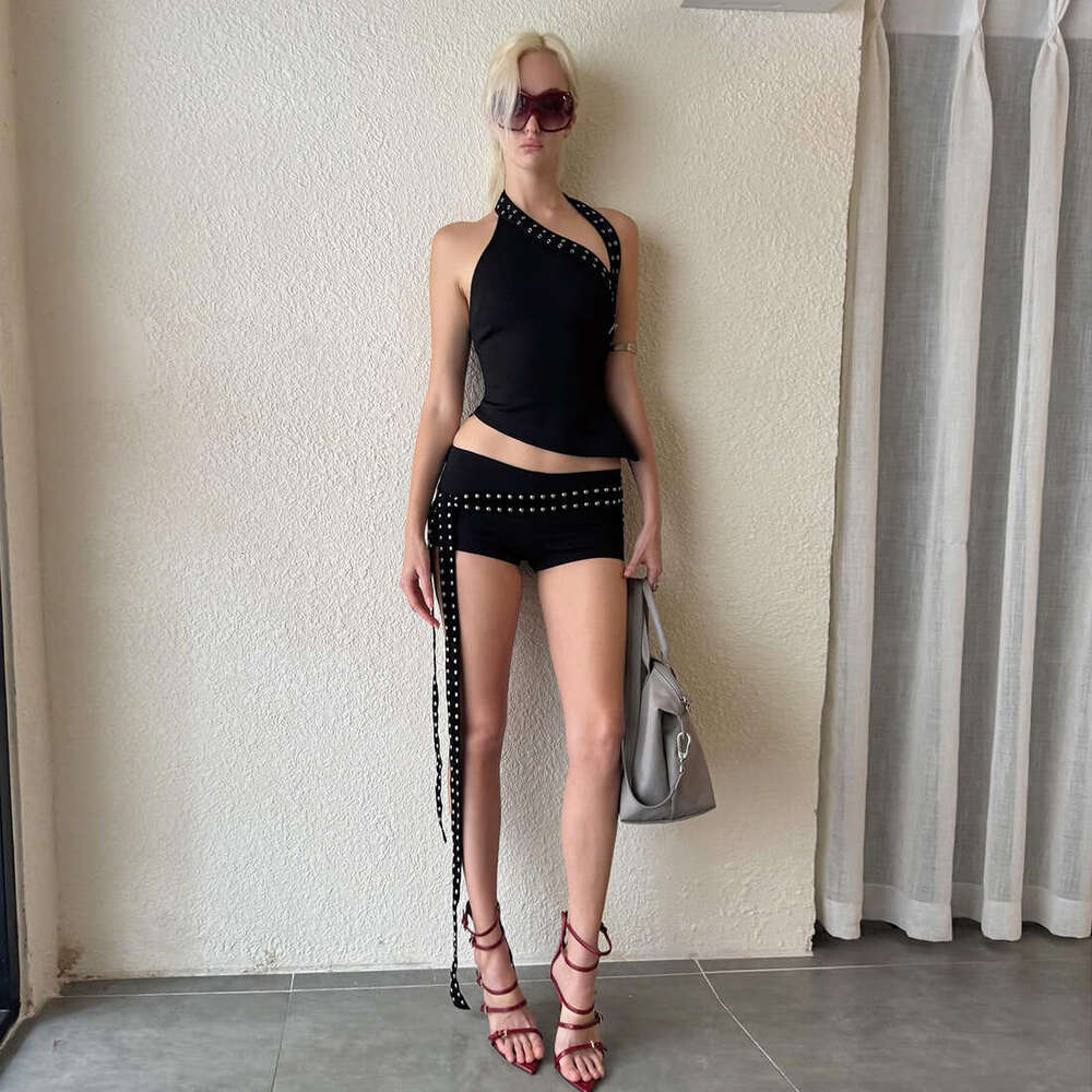 2025 Summer New Fashion Design Niche Asymmetrical Shoulder Slim Top Trendy Shorts Set Women's Clothing 7d2