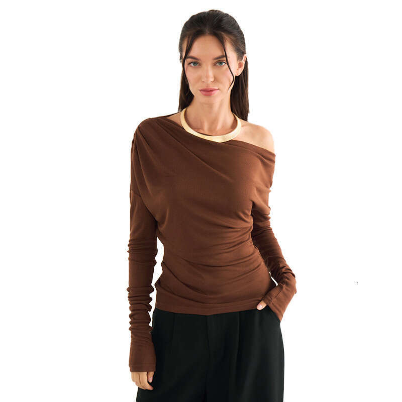 Ytp591 Autumn Winter Women's Sexy Asymmetrical Neck Off-Shoulder Ruched Waist Solid Color Short Top T-Shirt B5