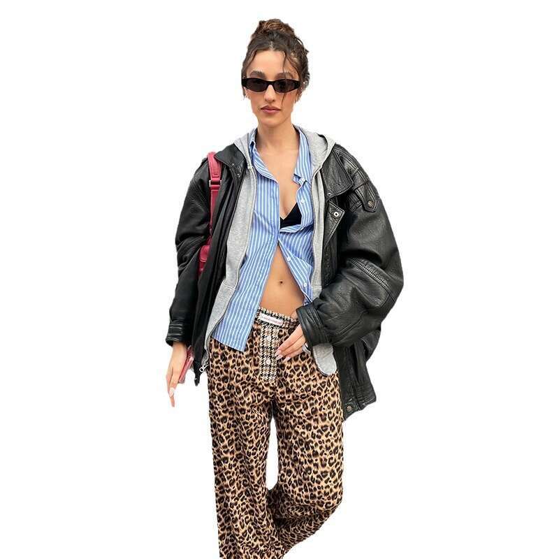 2024 Summer New Women's Solid Color Loose Street Fashion Casual Straight Leopard Print Wide Leg Pants f21