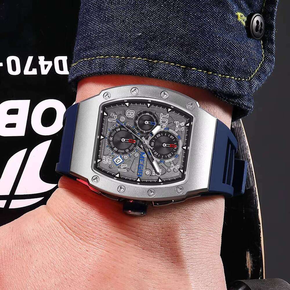 DHgargets MEGIR Men's Tonneau Watch - Chronograph, Luminous, 30M Waterproof, Stainless Steel, Silicone Strap