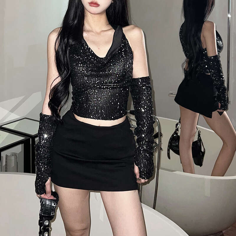 2023 Autumn New Women's Solid Color Slim Street Fashion V-Neck Hooded Halter Vest 58f