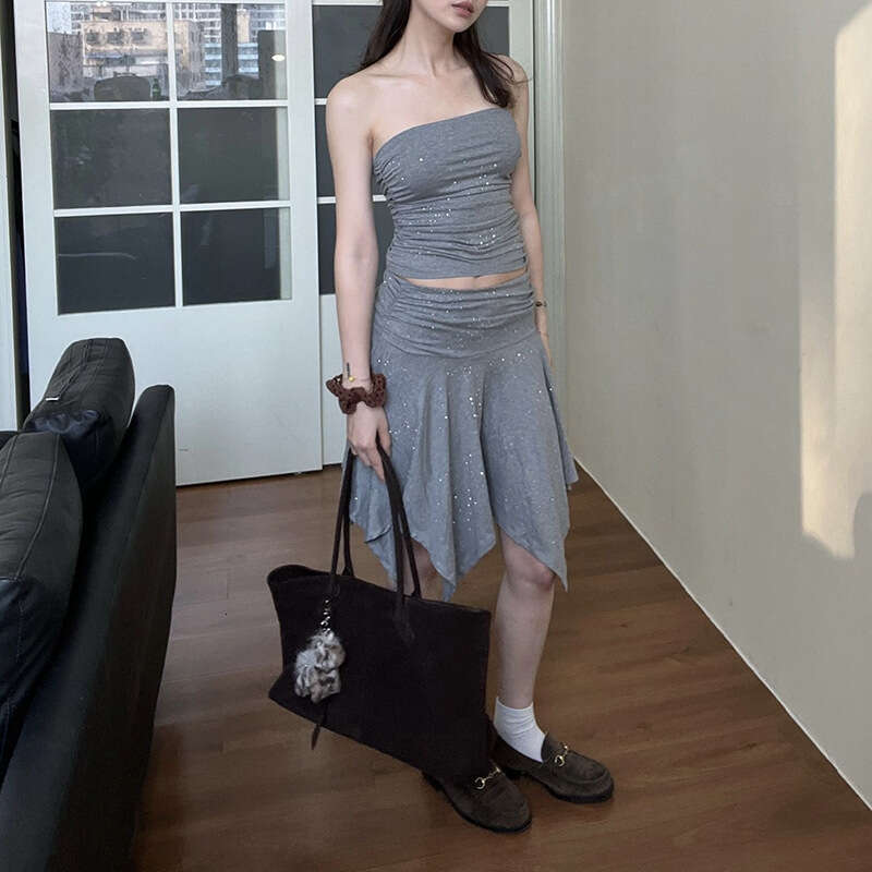2025 Summer INS Style Sexy Sequin Shiny Crop Top Irregular Slim Bodycon Skirt for Women 972