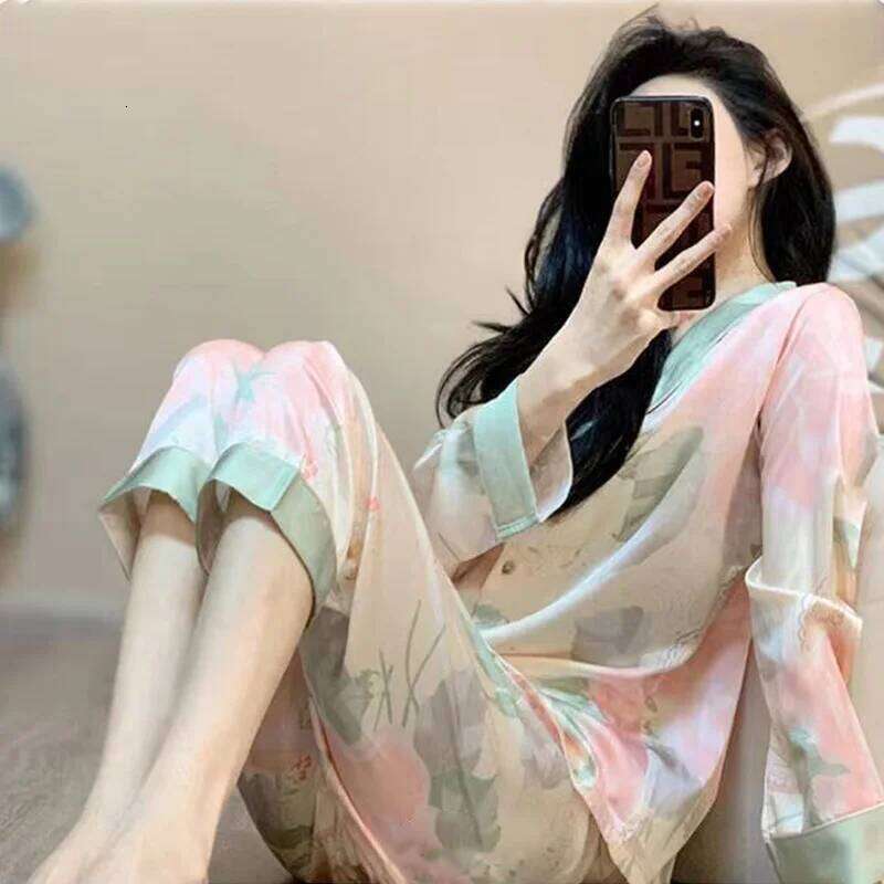 Designer Leisure High Quality 2 Piece Silk Satin Pama Set Homewear Women's Sleeping Pamas Girls Clothes women pamas Long
