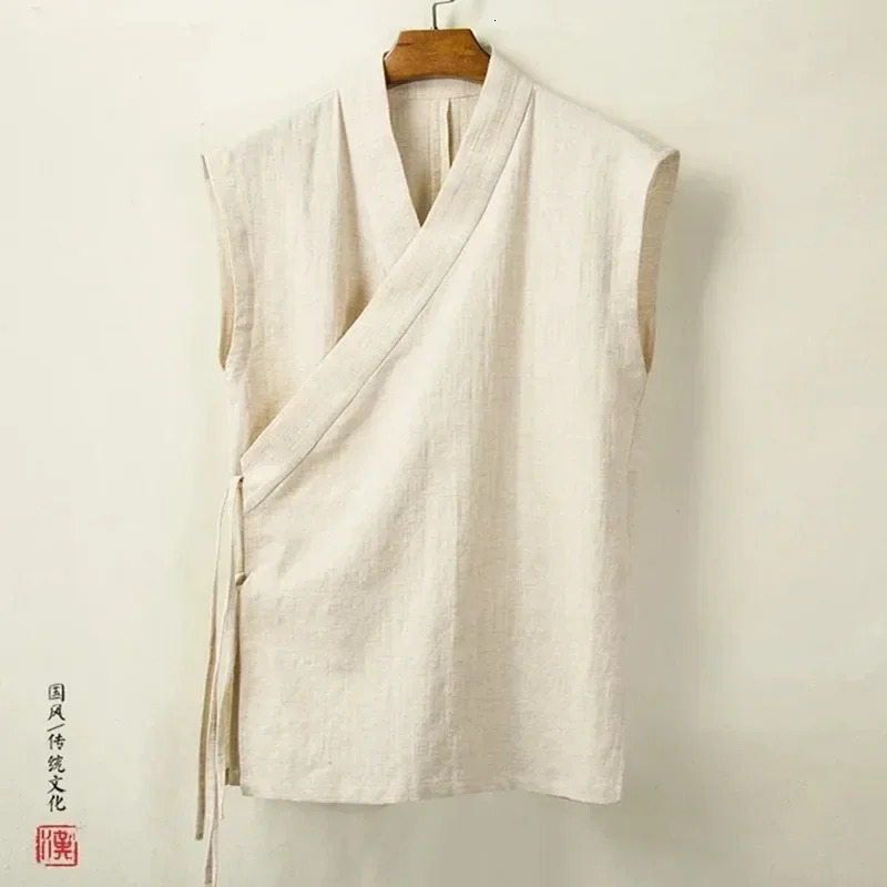 Chinese Traditional Clothing Hanfu Vest Men Linen Cotton Sleeveless Top Mens Tang Suit Kimono Cardigan 250725