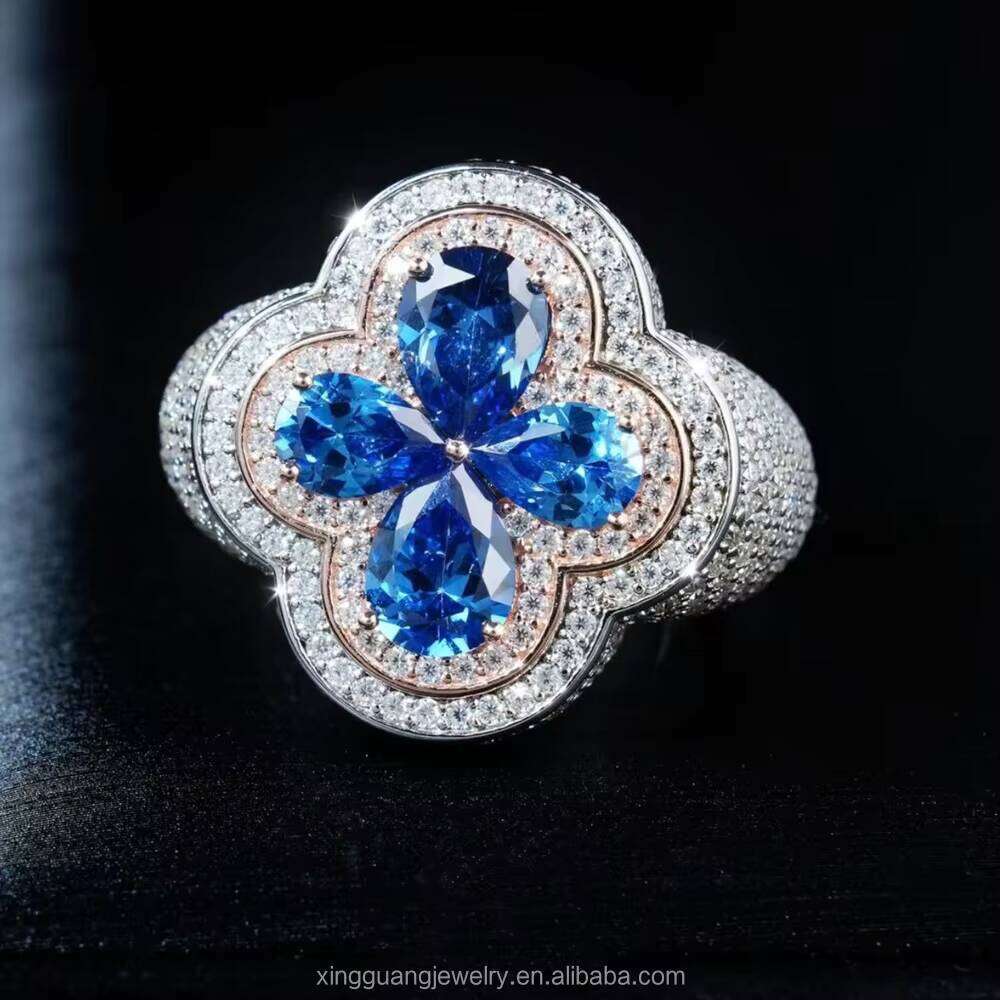 Fashion Four Leaf Clover Ring Sier pink Blue Green Moissanite Gold Plated Championship Jewelry Rings for Men Women