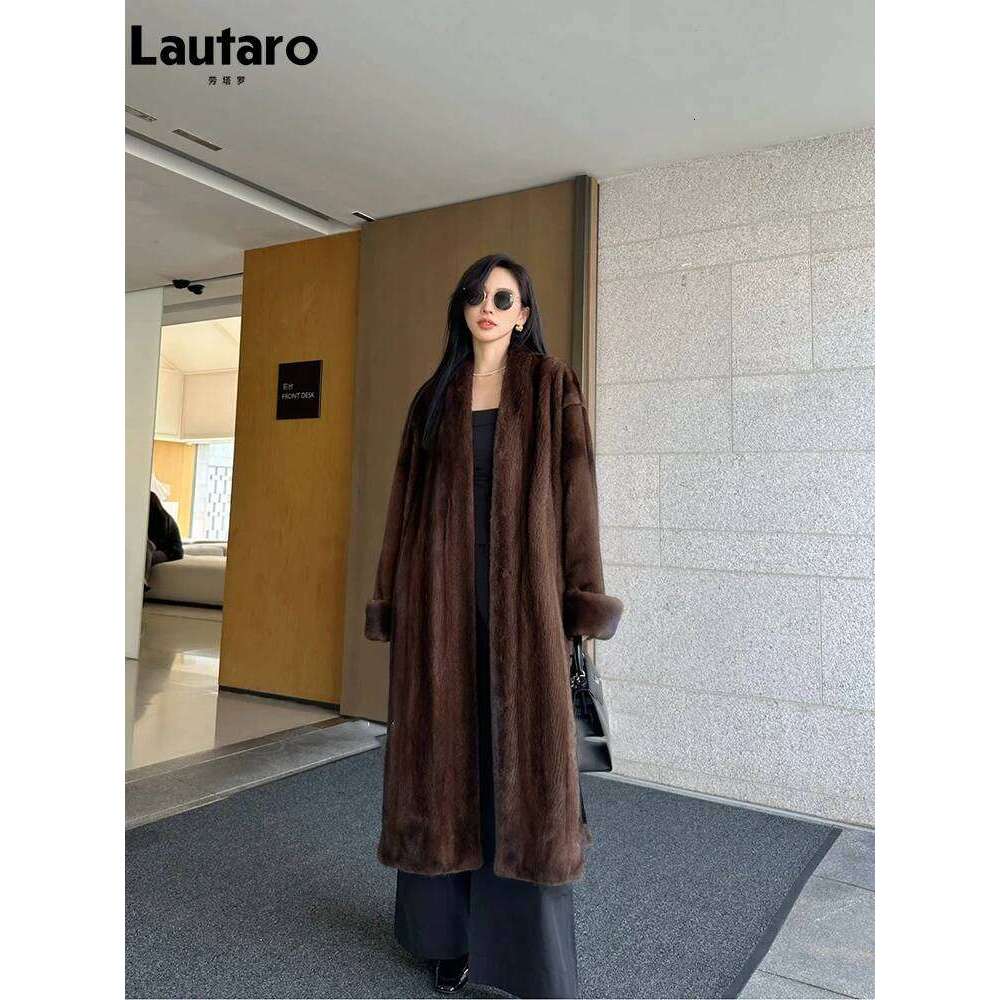 Lautaro Autumn Winter Long Elegant Chic Soft Thick Warm Brown Hairy Faux Mink Fur Coat Women V Neck Fluffy Overcoat 2024