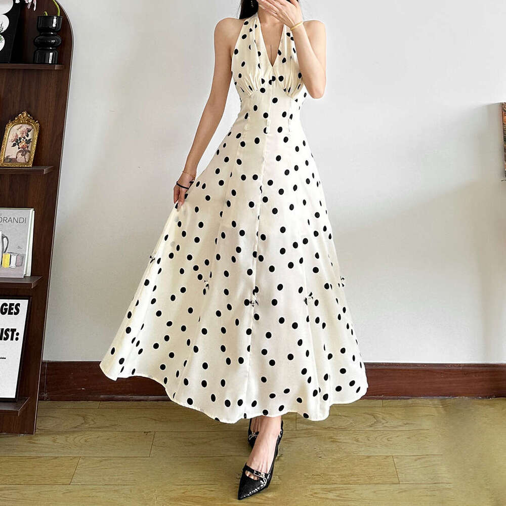 2025 Summer New Fashion Polka Dot Slim Halter Neck Trendy Waist-Cinching Elegant Long Dress 410