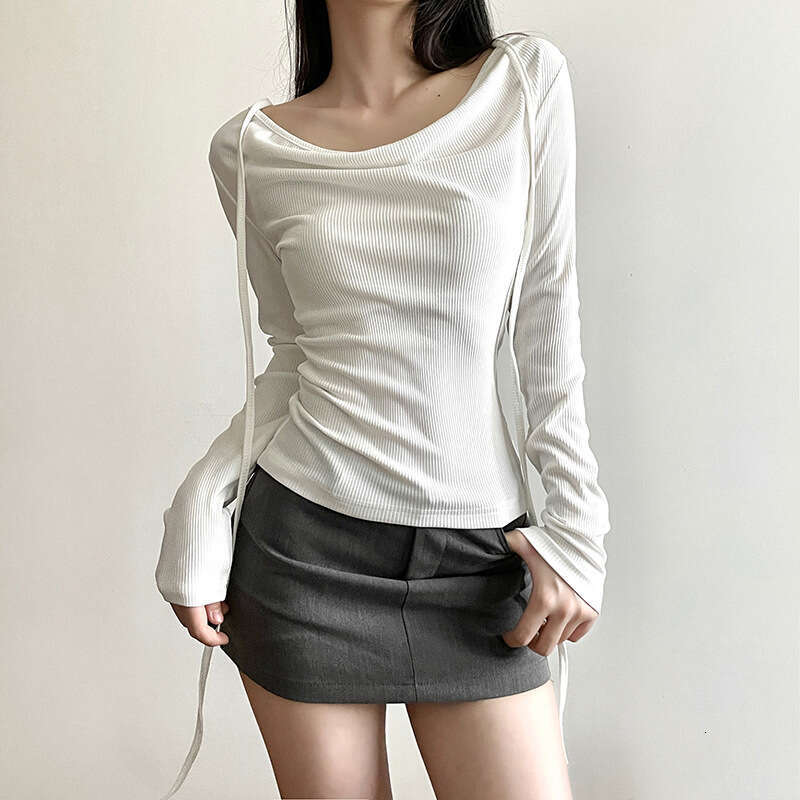 2023 Summer New Women's Solid Color Slim Fit Fashion V-neck Long Sleeve Tie T-shirt dc6