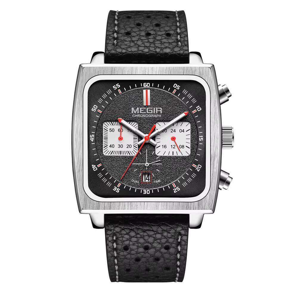 DHgargets MEGIR Men's Square Chronograph Watch - Leather Strap, Luminous, 30M Waterproof, Business Quartz Wristwatch