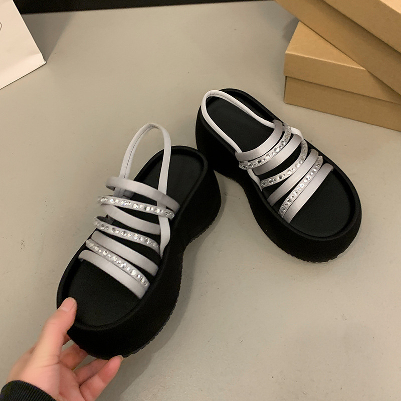 Ddmysports Platform Thick Sole Rhinestone Sandals For Women Summer New Style Black Strap Versatile With Skirts Height Increasing Beach Shoes Outdoor S