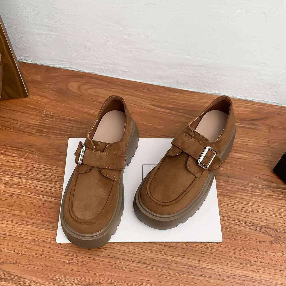 Yuanlitong 2025 Thick-Soled Loafers Korean Version Suede Uniform Leather for Women Outdoor Wear College Style Chunky Heel Shoes
