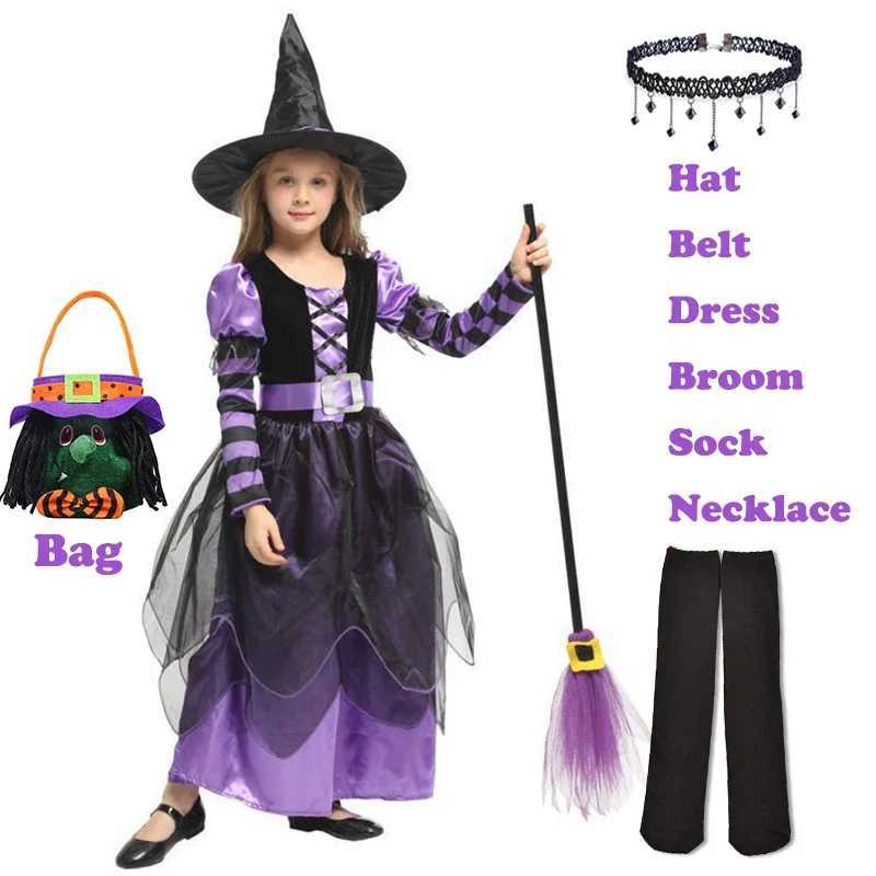 Halloween Par Costumes Purple Witch Dress for Girls Kids Mesh Long Sleeves Carnival Witch Clothes Cosplay Dress Hat Broom Suit Z250725