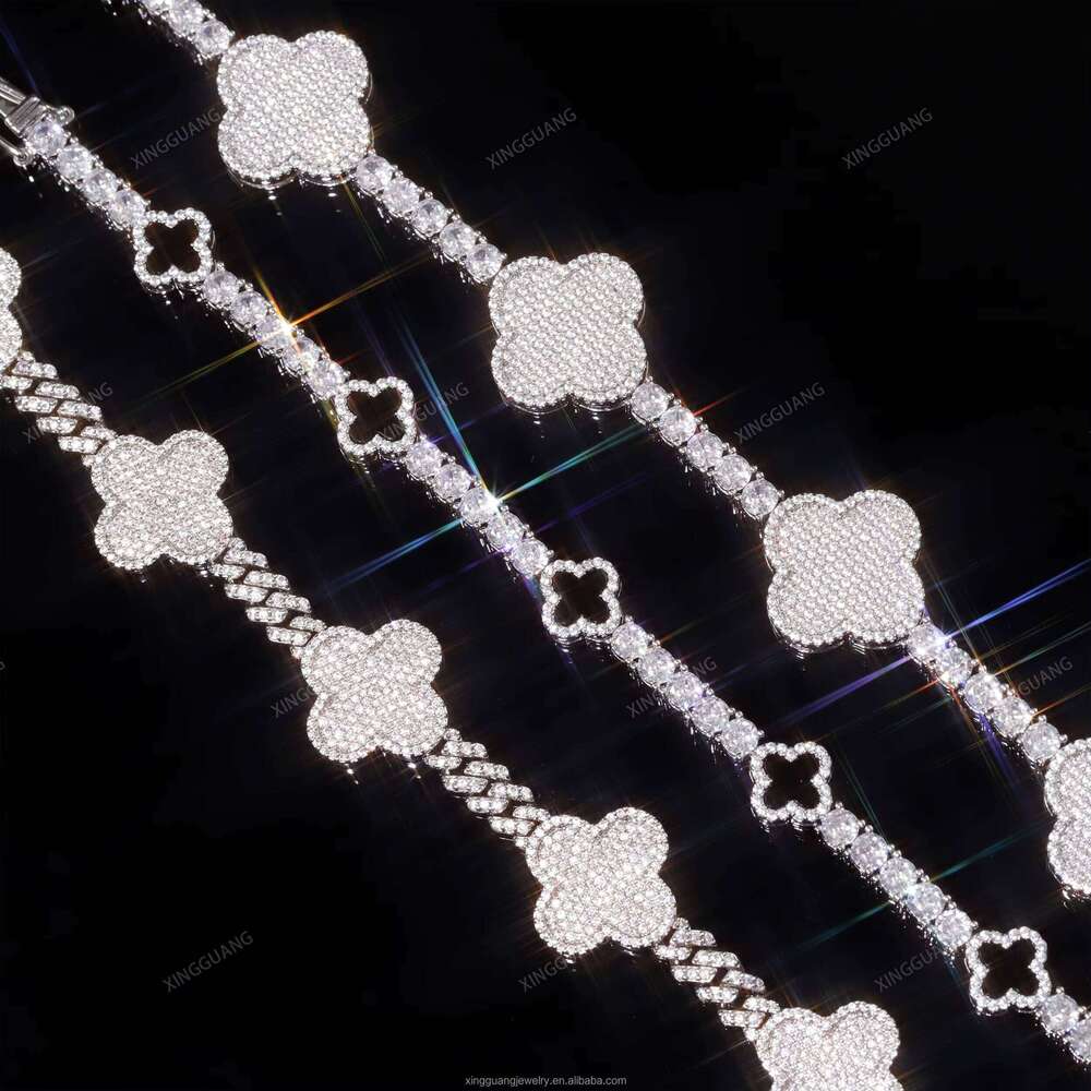 Iced Out Cuban Sterling Sier VVS Moissanite Dia Four Leaf Clover Bracelet 3mm 4mm Tennis Chain