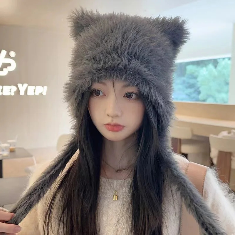 Fluffy Beanie Spicy Girl Hat Cute Cat Ear Hat Winter Thickened Warm Hat Bomber Ski Hat Faux Fur Knitted Hat Retro Hat 250724