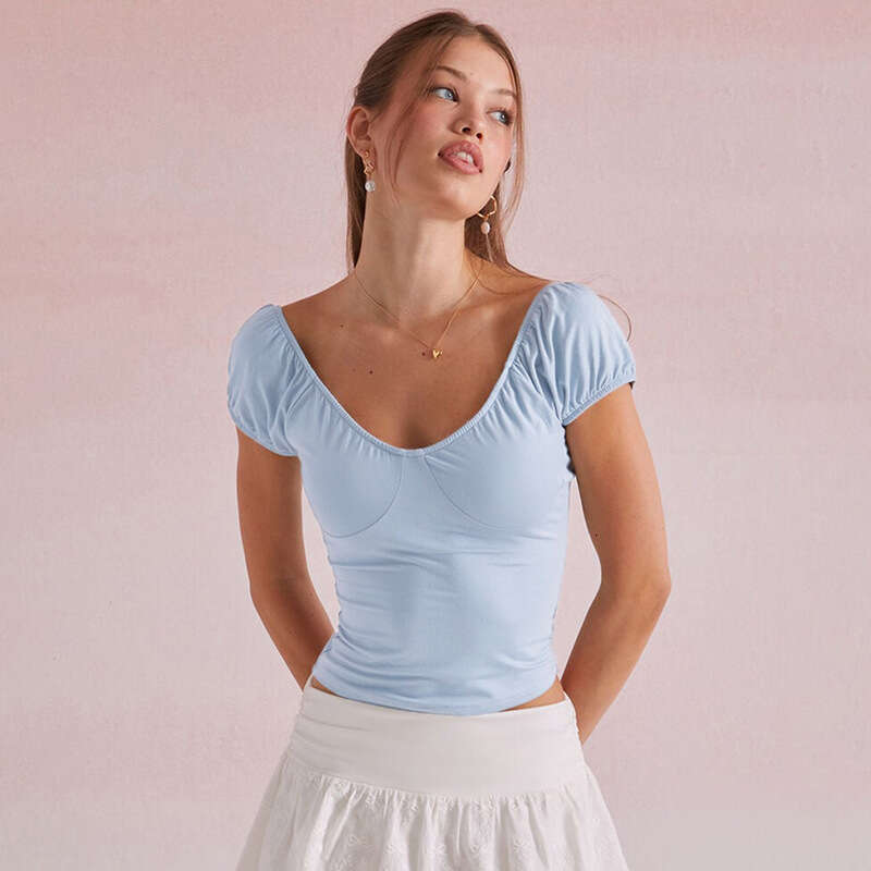Ytp136 Women's Summer New Solid Color Short Sleeve V-Neck Simple Backless Casual Top T-Shirt B5