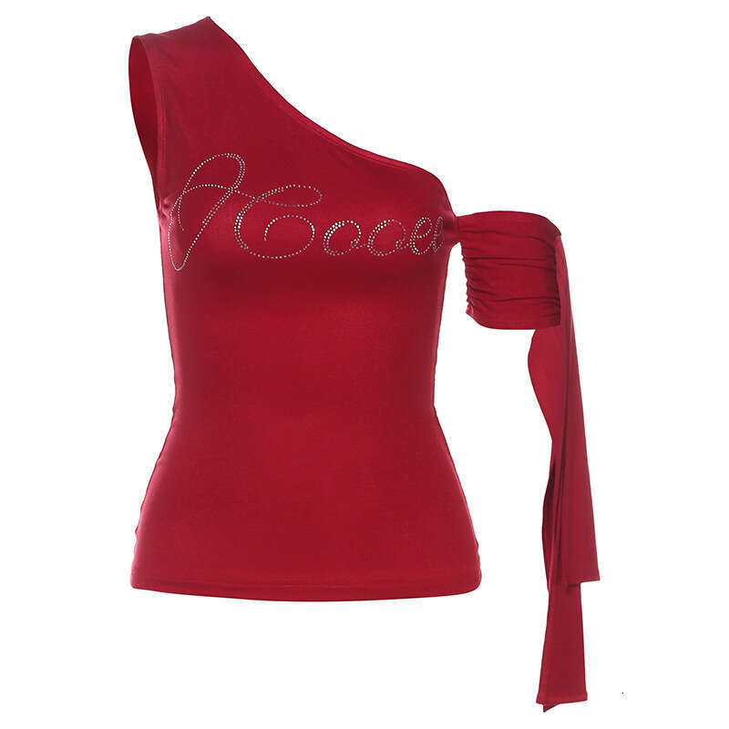 2025 Spring New Women's Fashion Solid Color Slim Fit Fashionable Asymmetrical Neck Single Shoulder Rhinestone Sleeveless Vest for Women 0f7