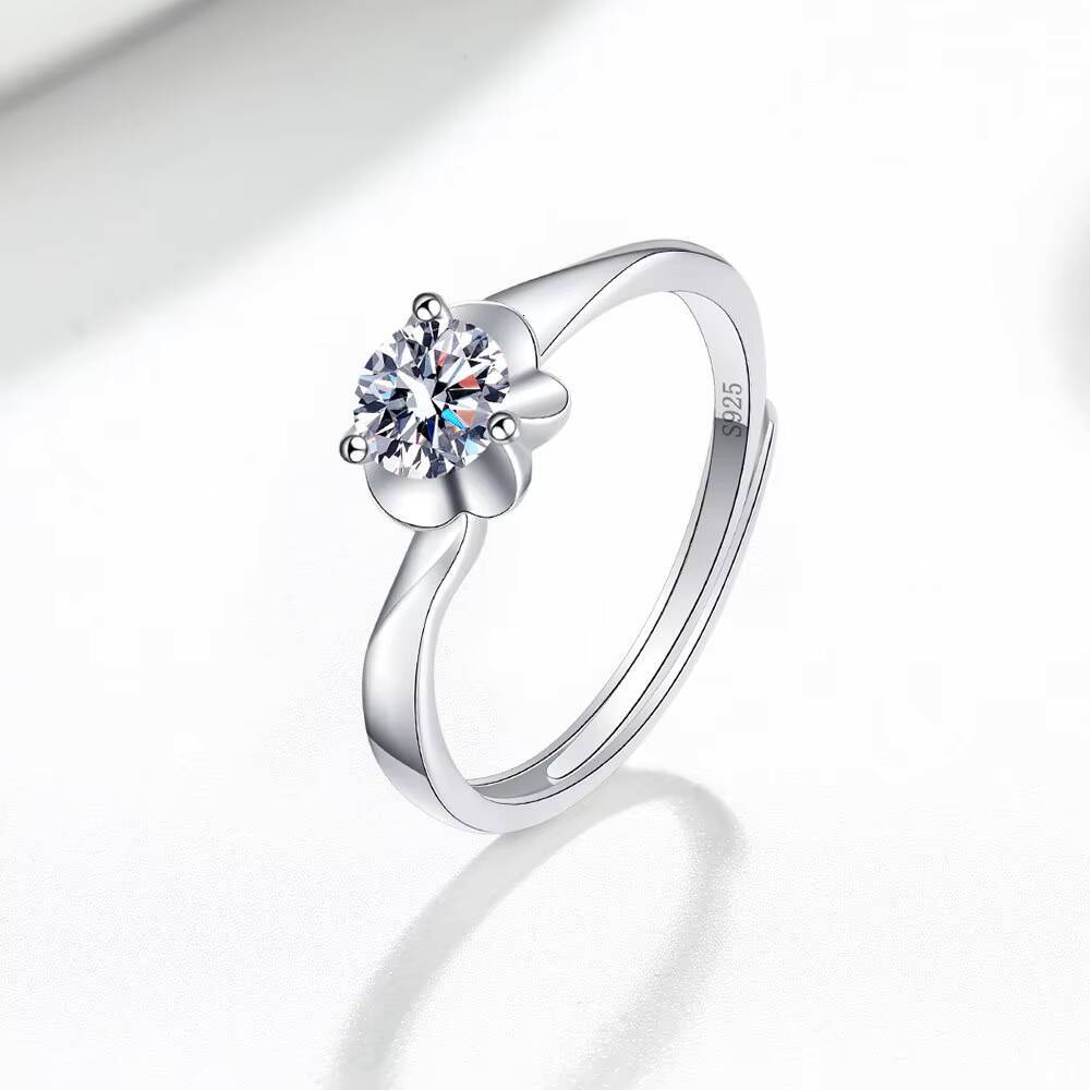 925 Sterling Silver Snowflake Ring Adjustable Opening Womens Moissanite Wedding Gift Rhodium Zircon Unique Personality Gifting