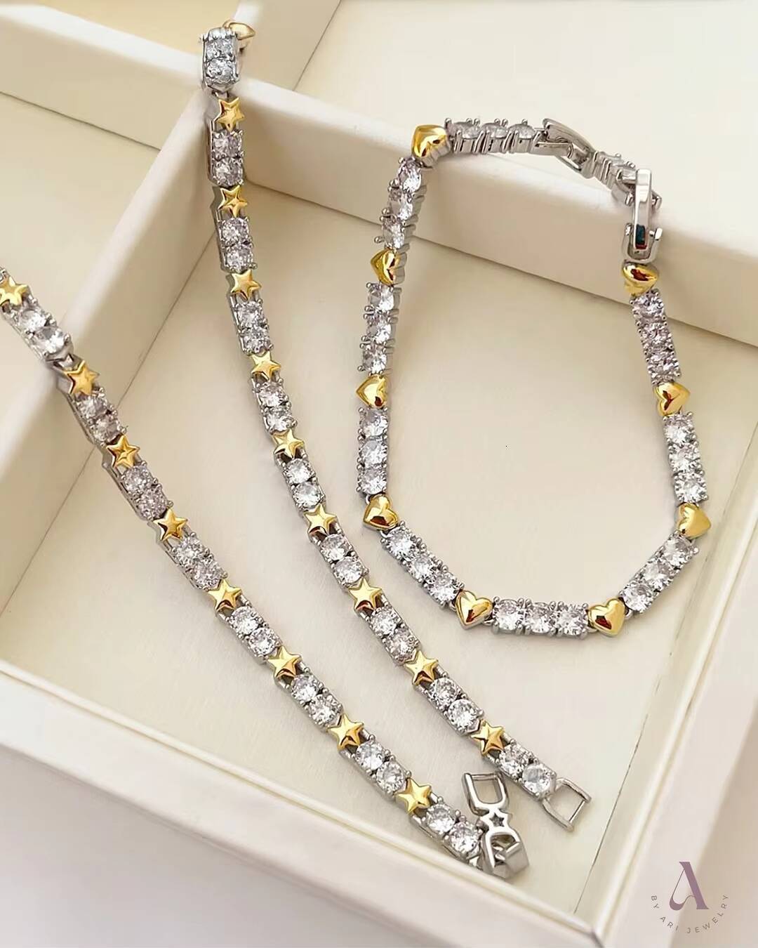 Bling Fashion Women Jewelry Set Full Paved 5A CZ High Polished Two Tone Plated Star Tennis Chain Necklace Bracelet