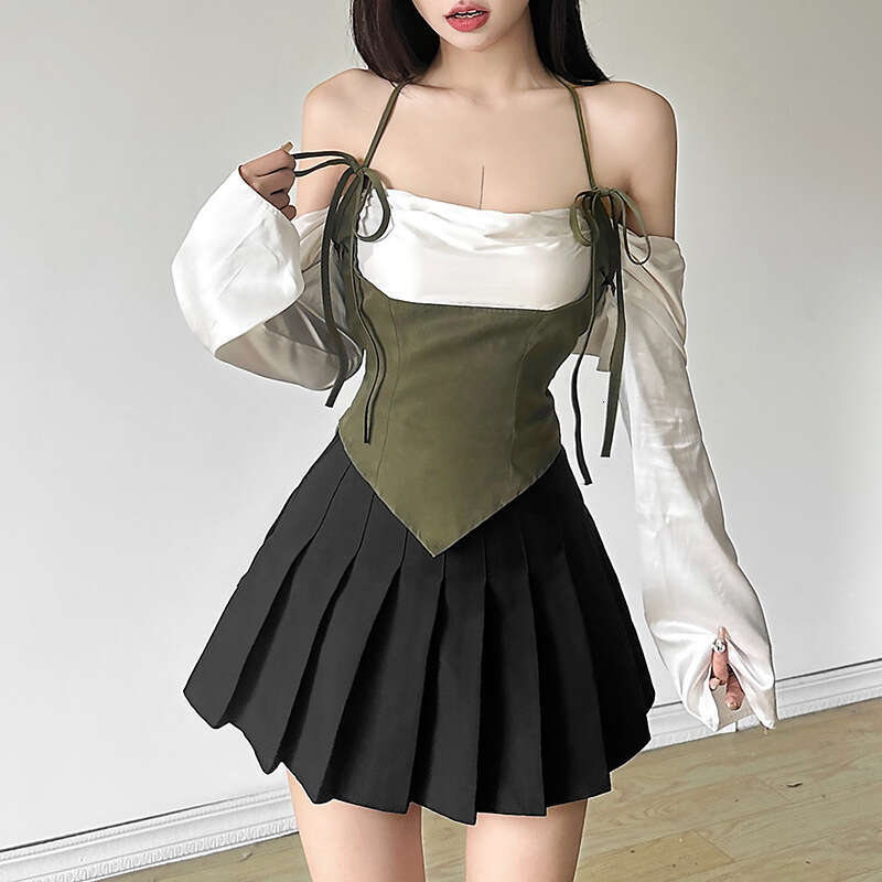 2024 Autumn New Women's Solid Color Slim Street Fashion Off-Shoulder Halter Neck Long Sleeve Top f61