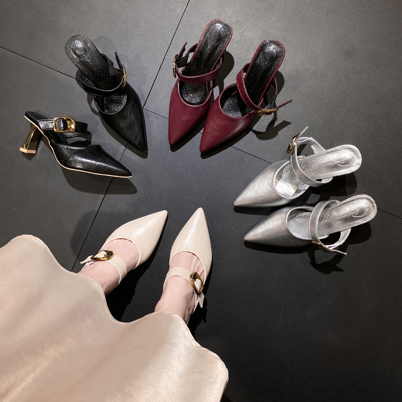 Ddmysports Spring Summer New Elegant French Style High For Women Pointed Mules Thin Heel Sexy Closed Toe Sandals Outdoor Shoes