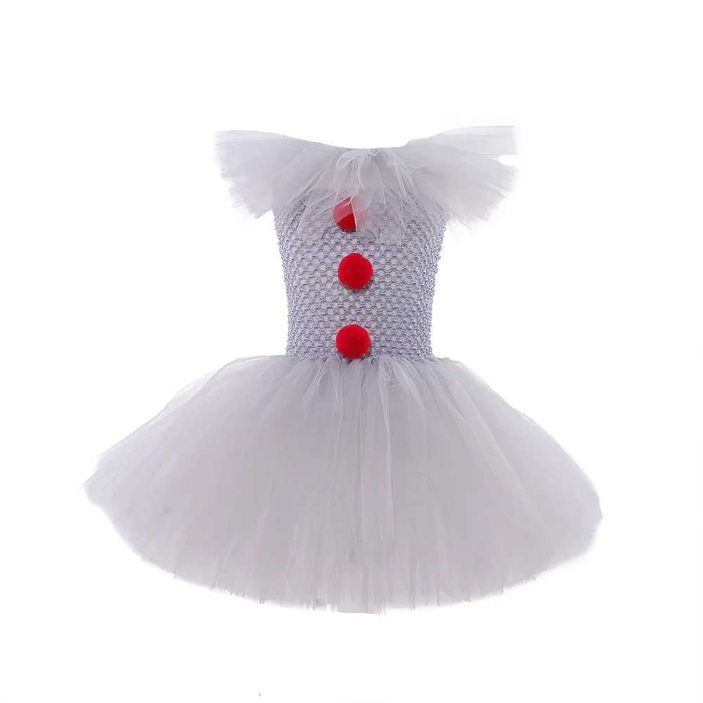 Kids Gray Circus Clown Tutu Dress Girls Funny Joker Halloween Outfit for Birthday Carnival Parties Dress + Gloves + Hairband Z250725