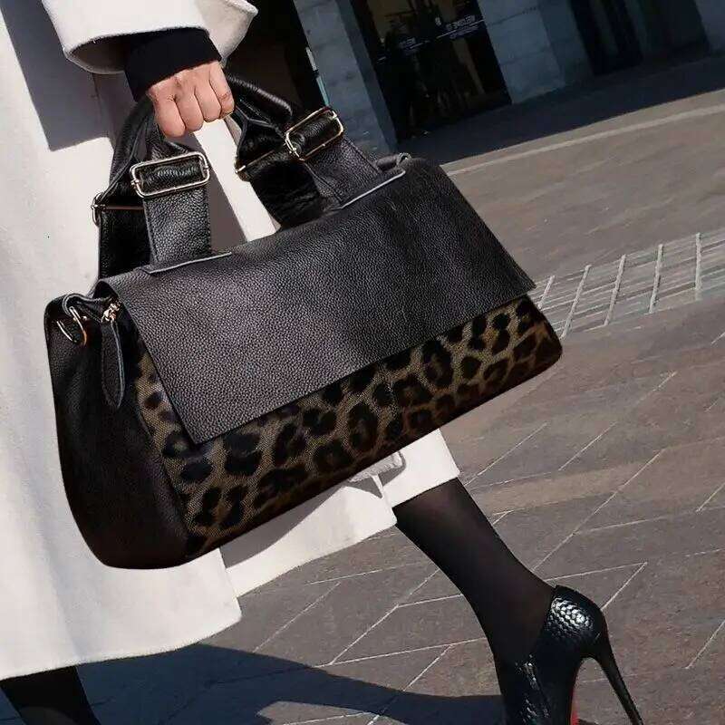 Casual Tote Bag Women Large Genuine Leather Handbag Leopard Printing Cowhide Shoulder Or Crossbody Bags