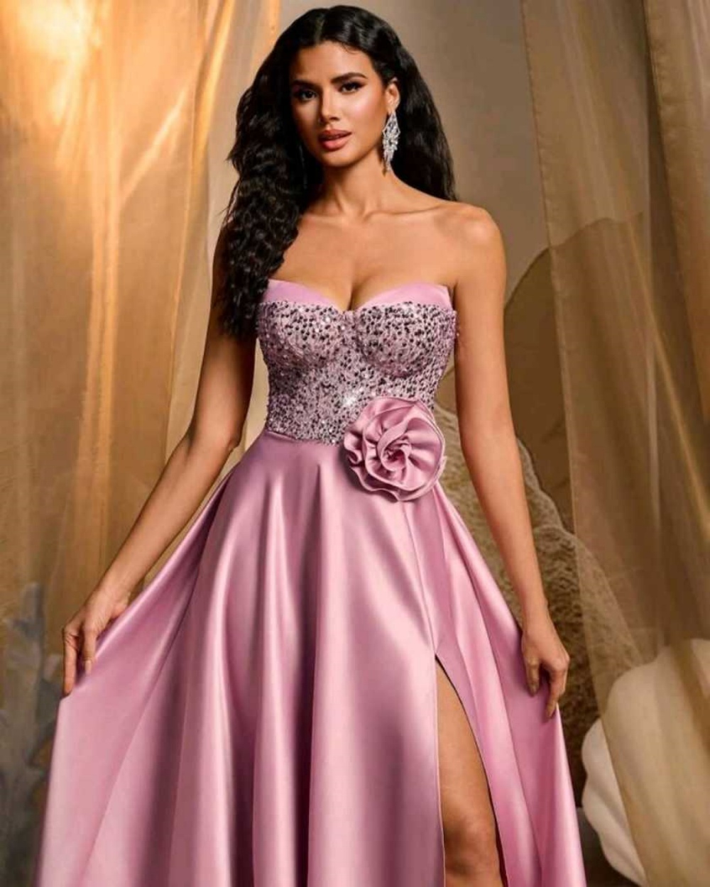 Luxury Satin Evening Dress Strapless Sleeveless Delicate Flowers Crystal Prom Dresses Special Occasion Gowns Customized