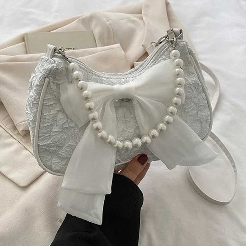 White Pleated Pearl Fem Bag Vintage Luxury Designer Handbag Cute Bow Shoulder Bag Fi Y2K Vintage Womens Purse Versatile Y250725