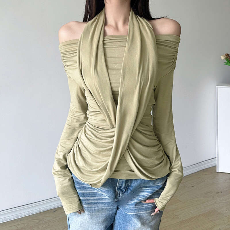2024 Autumn New Women's Solid Color Slim Street Fashion Off-Shoulder Halter Neck Long Sleeve Top e53