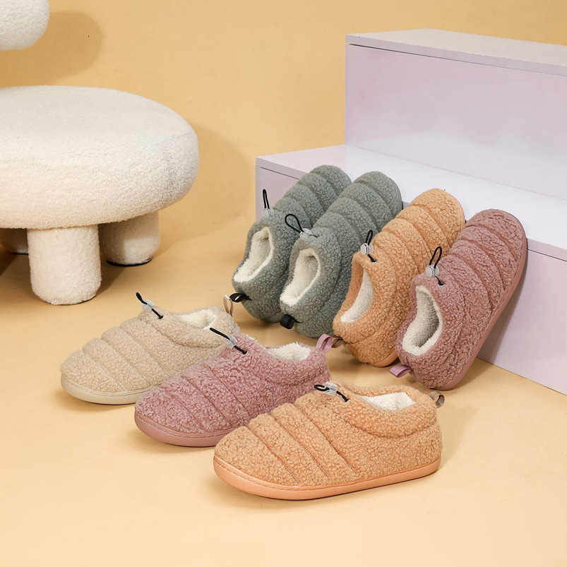 New Autumn Winter Slippers Couple Indoor Home Use with Heel Cover, Fleece Lined, Warm Elastic Strap Maternity Cotton Shoes