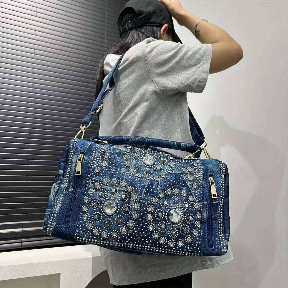 Ladies' Fashionable Gemstone Inlaid Elegant Handbag, Boston Bag, Personalized Street Style Y2k Hot Girl