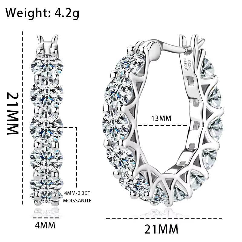S925 Sterling Silver Exquisite Jewelry Rhodium Plated Hoop Earrings Luxury 7.2CT4MM Full Moissanite Diamond Earrings for Women