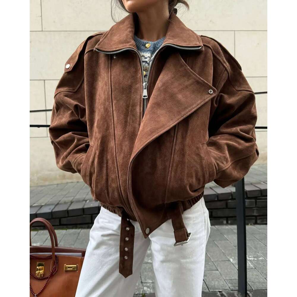 European And American Brown Lapel Irregular Short Loose Jacket Retro Maillard Fashion Casual Top