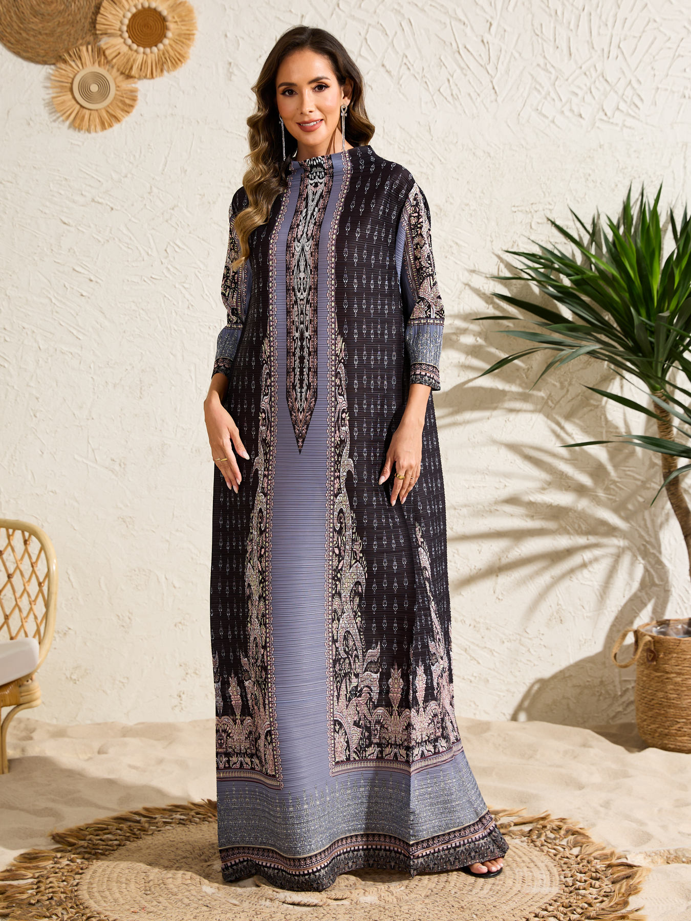 Dress Ethnic Clothing Ladies' elegant, loose and printed long-sleeved dress in Arab style NZ017