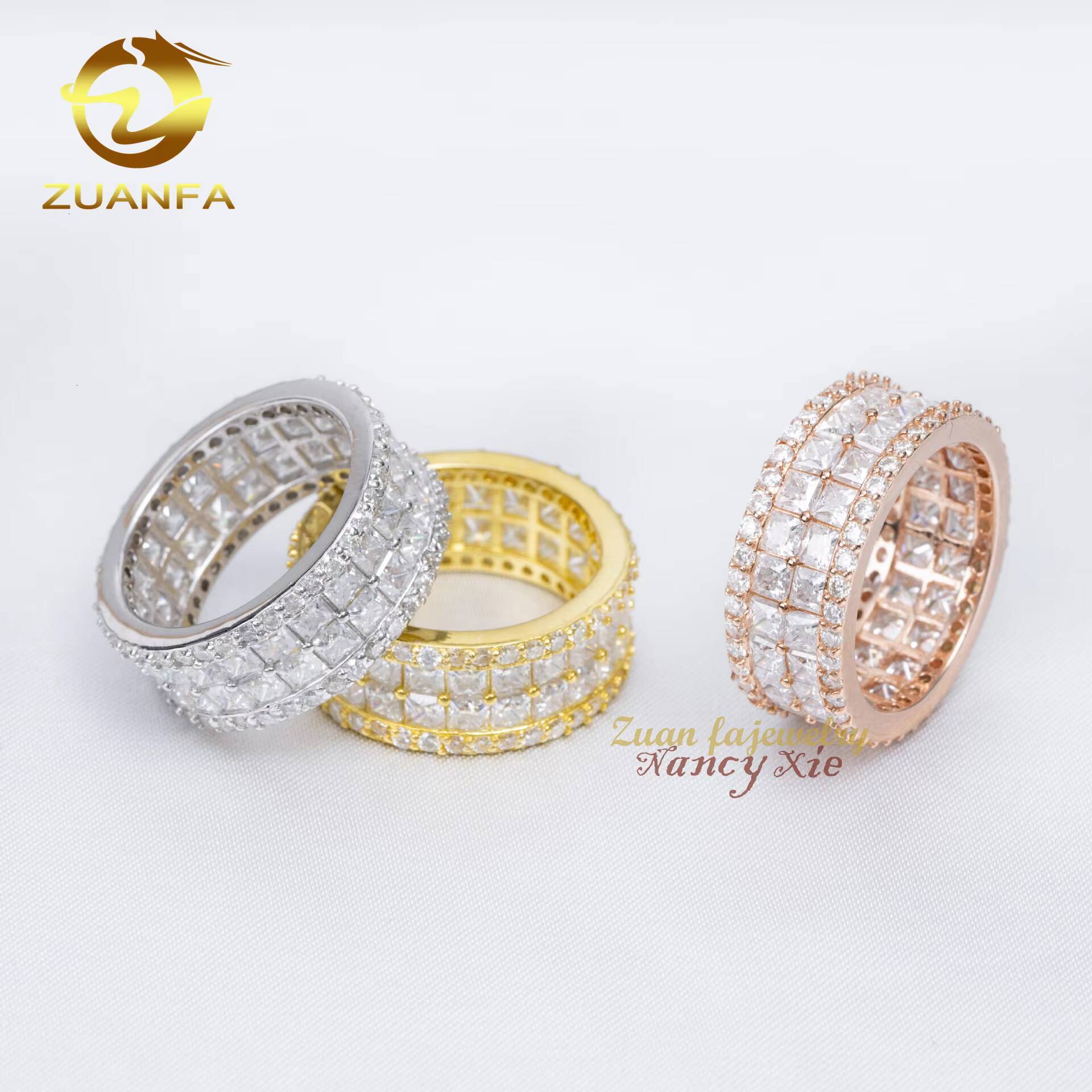 Fashion Jewelry Hip Hop Mens Cuban Gold Ring Iced Out 925 Sterling Silver 2 Rows VVS Princess Cut Moissanite Diamond Ring