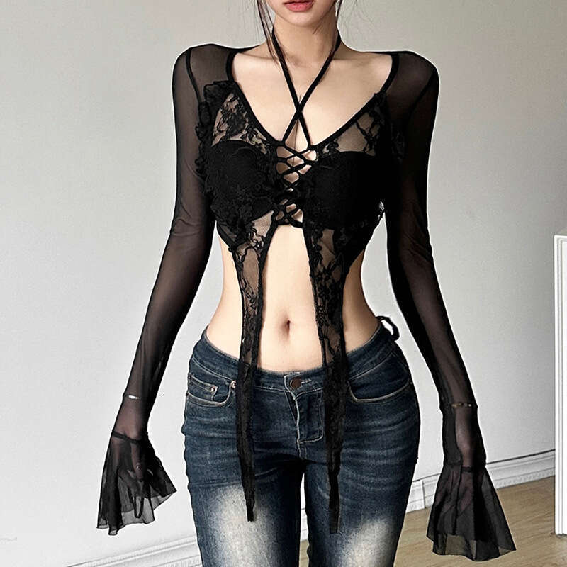 2024 Spring New Women's Solid Color Slim Fit Crop Top Fashion V-Neck Long Sleeve Mesh T-Shirt for Women 3e6