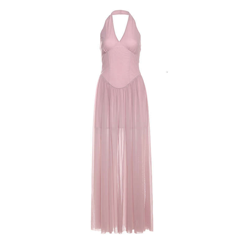 2025 Spring New Women's Solid Color Slim High Waist Fashion V-Neck Halter Sleeveless Dress 2b3
