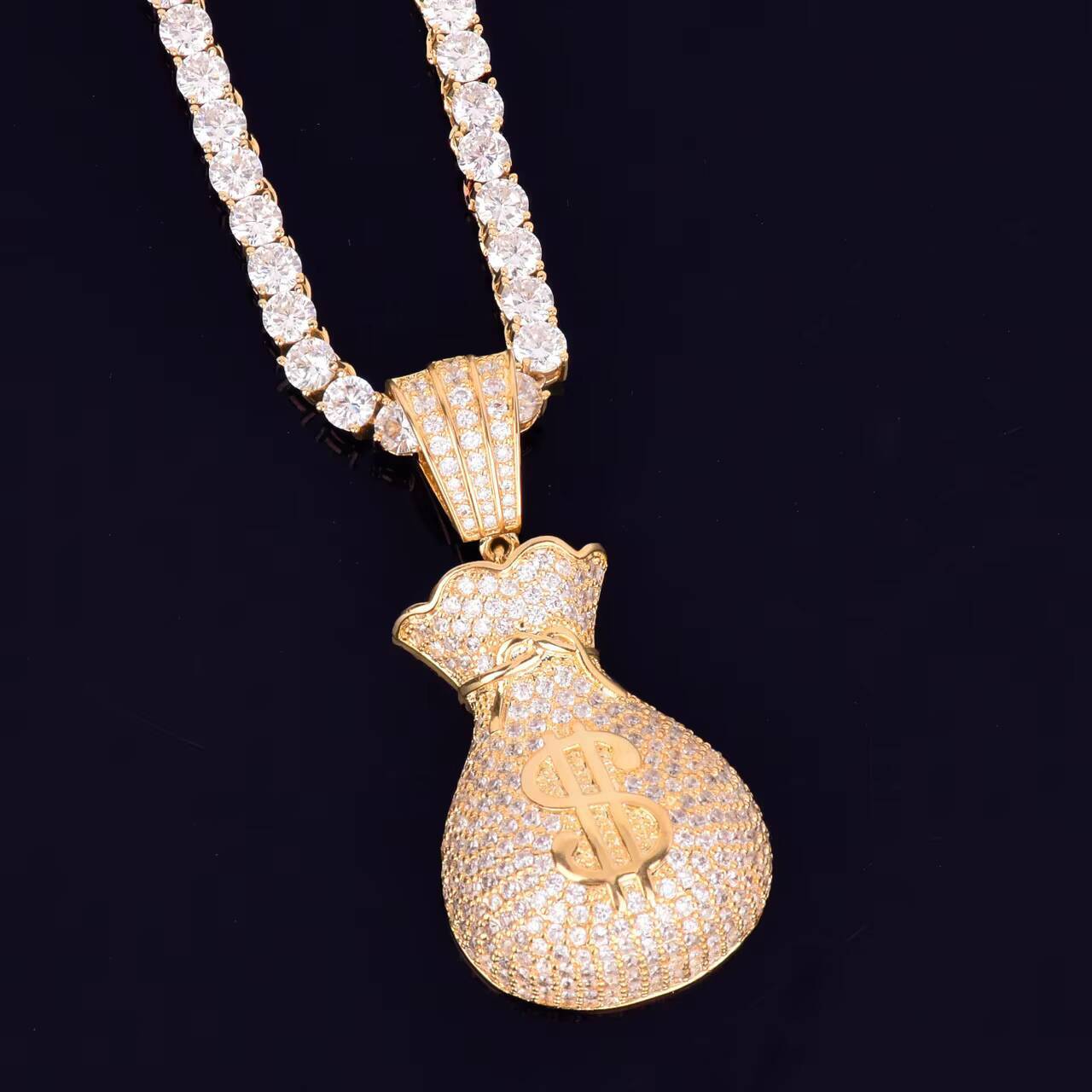 Hip Hop Style Mens Womens 18K Gold Moissanite Pendant Necklace with Silver Dollar Sign Money Bag Jewelry Charms