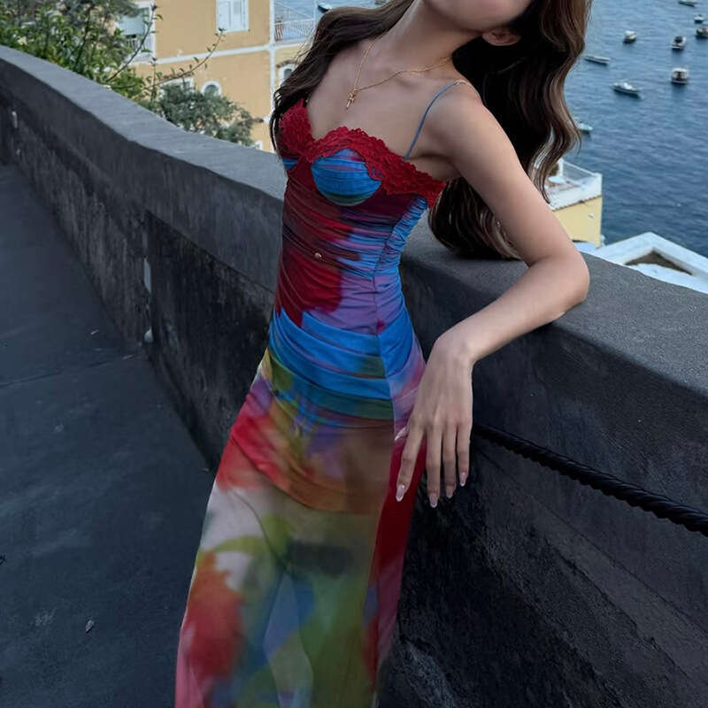 2025 Women's Summer New Casual Painted Print Sexy Strap Slim Fit Bodycon Dress 72e