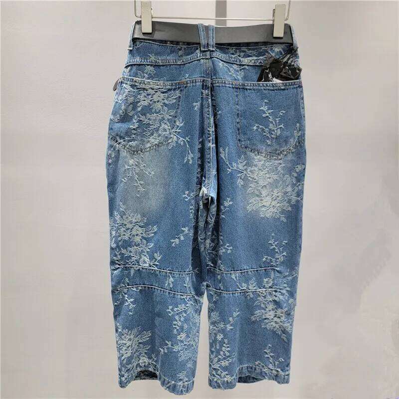 Women Short Jeans Jacquard Thin Style High Waist Straight Wide Leg Denim Calf-Length Pants 2025 New Fashion Summer 29A1826