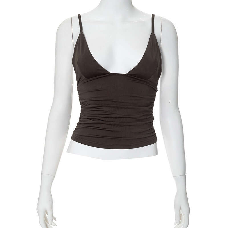 Ytp080 Women's Summer New Solid Color V-Neck Sleeveless Navel-Baring Ruched Sexy Camisole Top B5