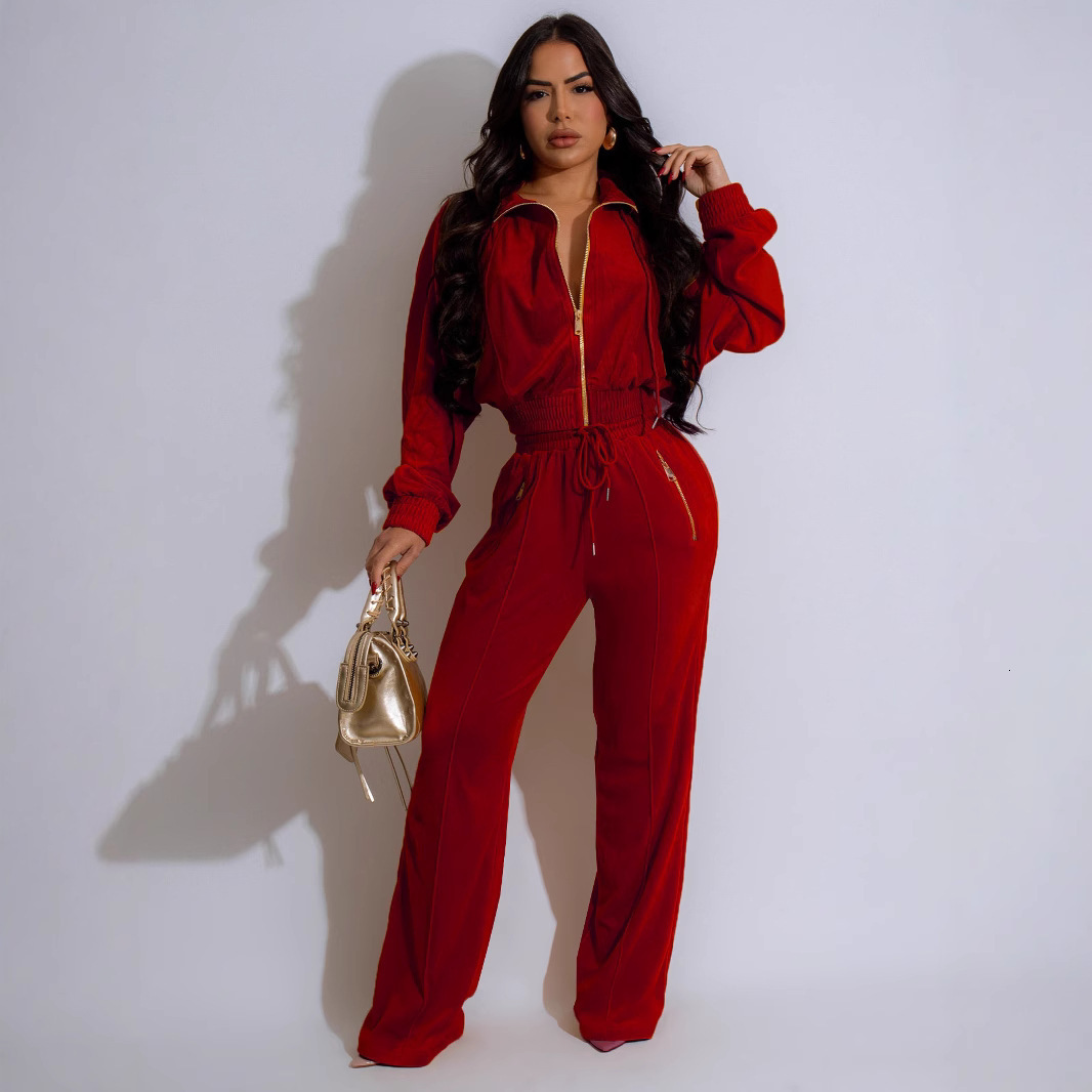 TW575 Fashion Womens Long Sleeve Turn-Down Collar Zipper Cardigan Long Pants Winter Two-Piece Set 2